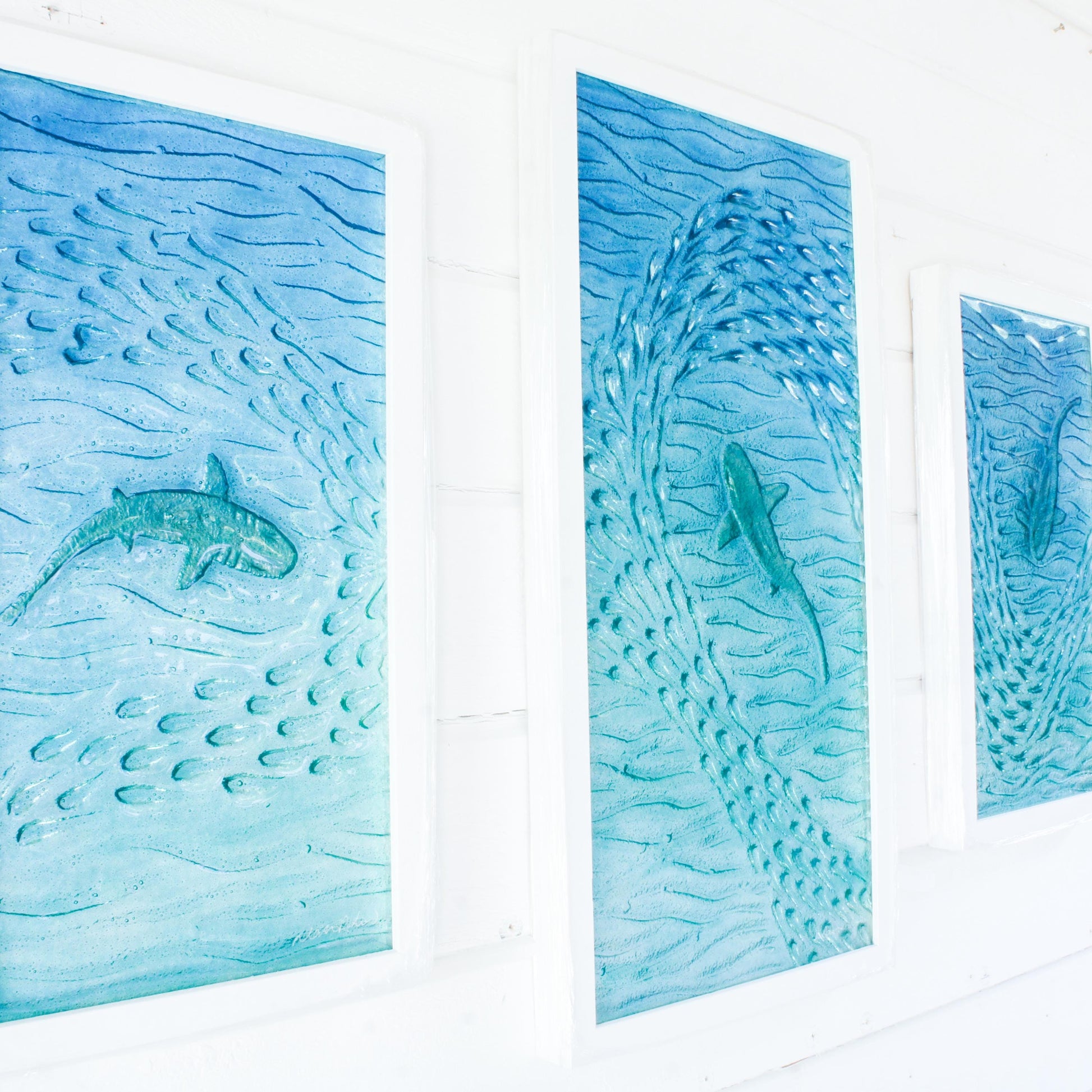 shark fused glass triptych gallery wall frames in teal ocean with shark in silver and shoal of fish - XL textured wall art for coastal home