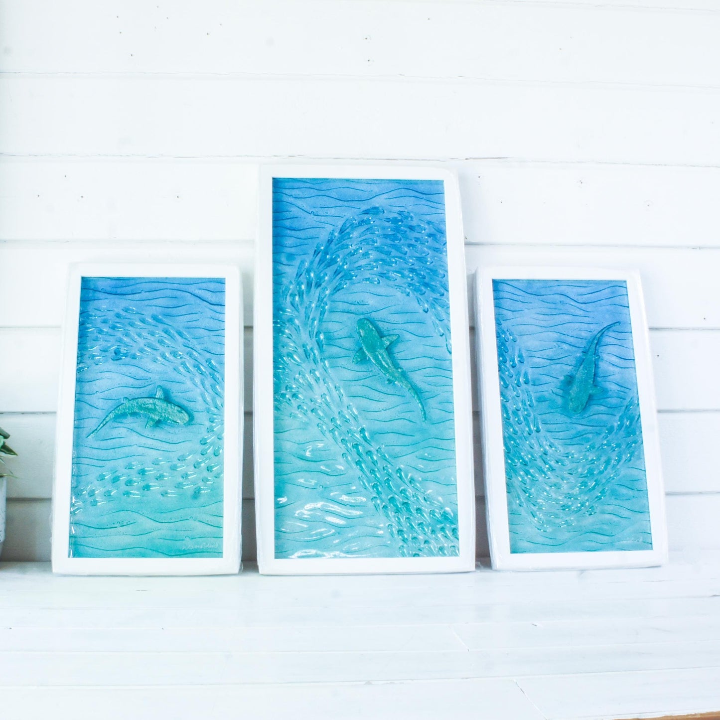 shark fused glass triptych gallery wall frames in teal ocean with shark in silver and shoal of fish - XL textured wall art for coastal home