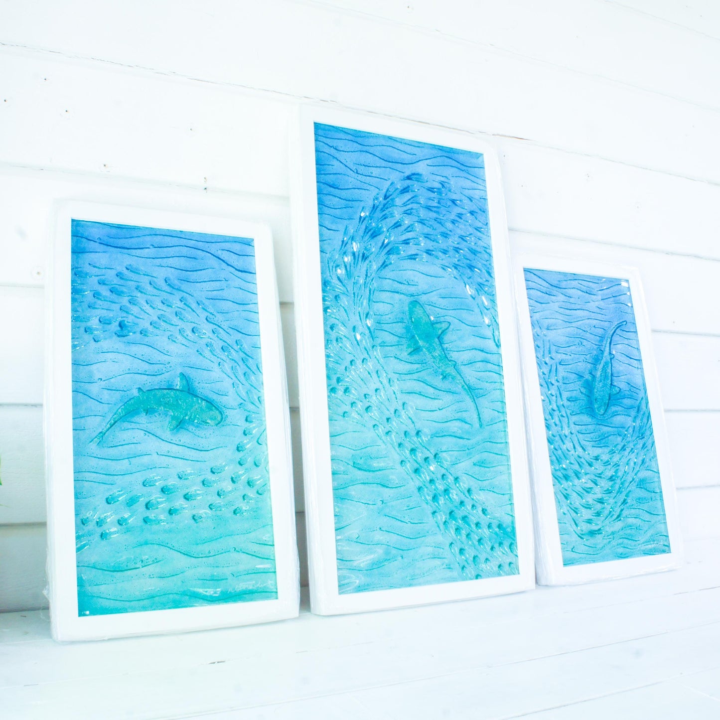shark fused glass triptych gallery wall frames in teal ocean with shark in silver and shoal of fish - XL textured wall art for coastal home