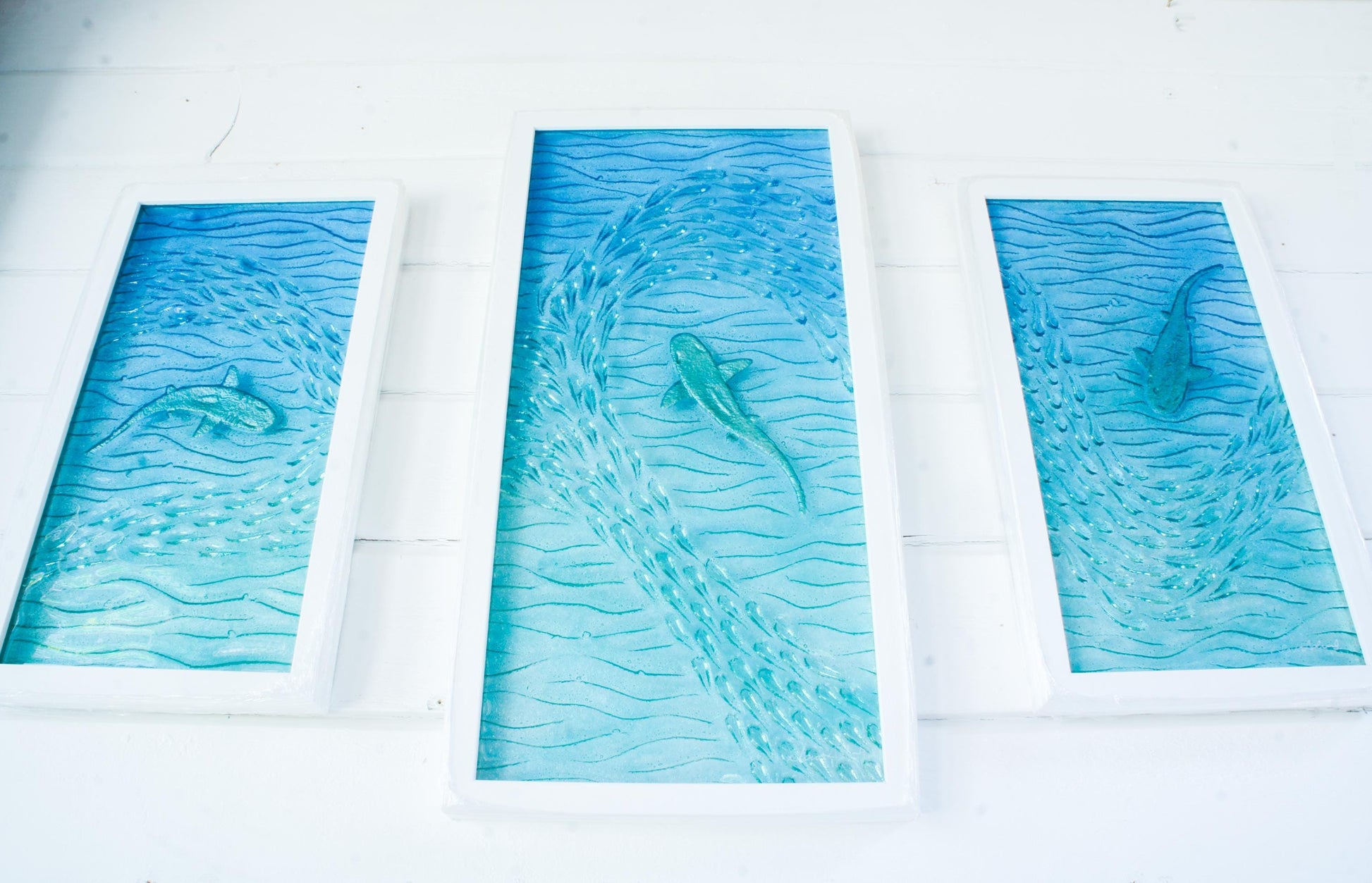 shark fused glass triptych gallery wall frames in teal ocean with shark in silver and shoal of fish - XL textured wall art for coastal home