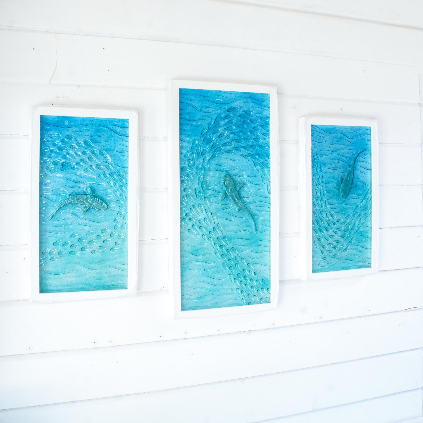 shark fused glass triptych gallery wall frames in teal ocean with shark in silver and shoal of fish - XL textured wall art for coastal home