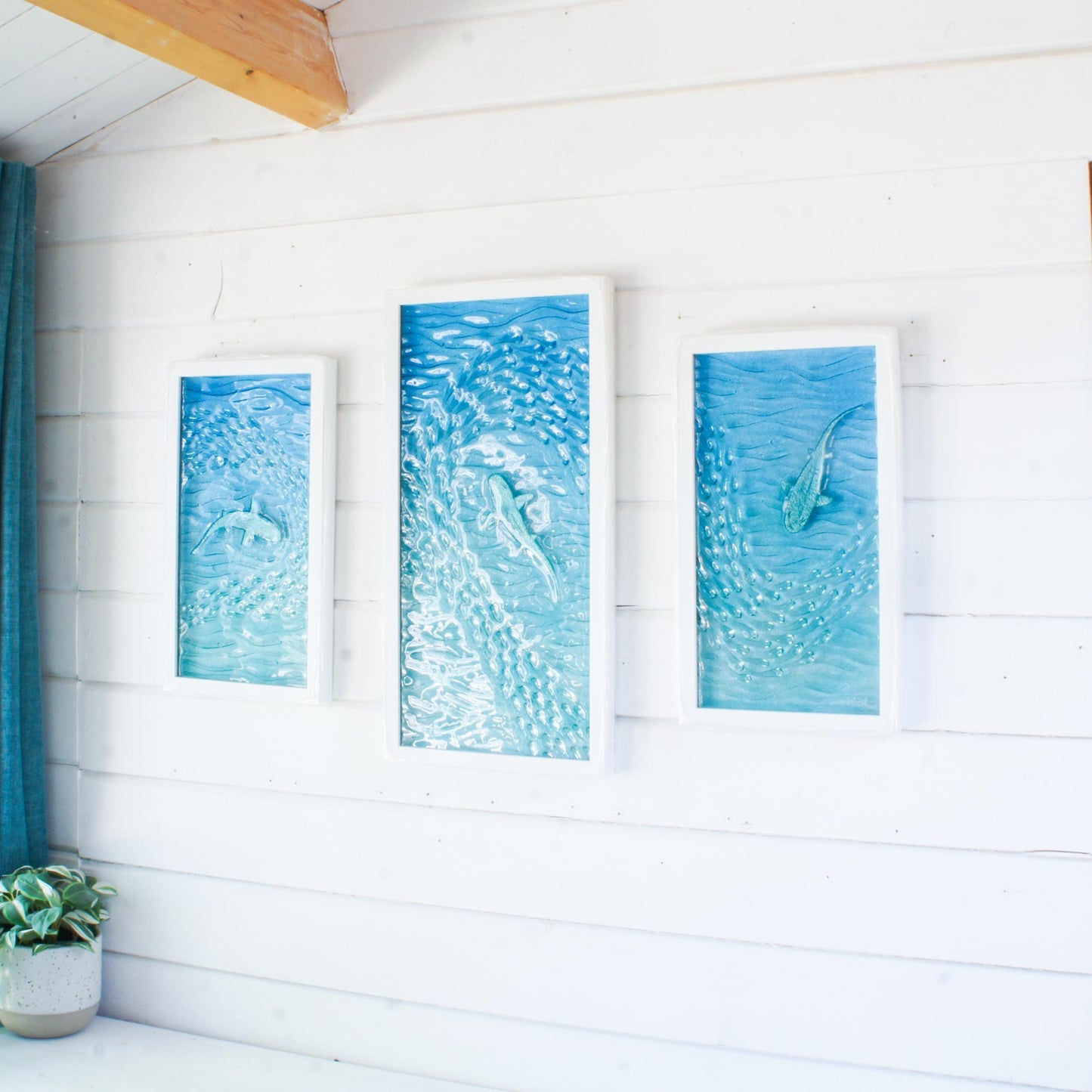shark fused glass triptych gallery wall frames in teal ocean with shark in silver and shoal of fish - XL textured wall art for coastal home
