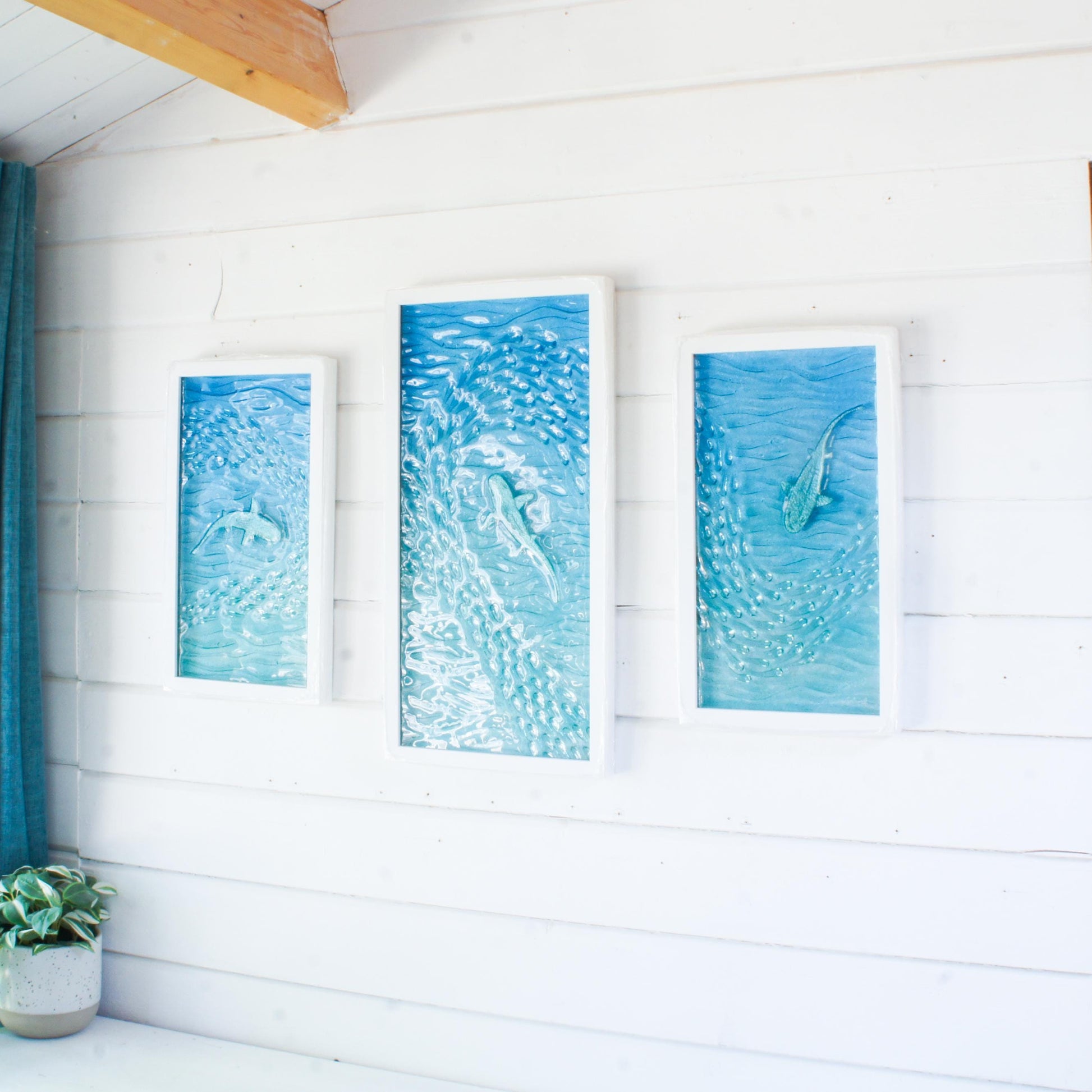 shark fused glass triptych gallery wall frames in teal ocean with shark in silver and shoal of fish - XL textured wall art for coastal home