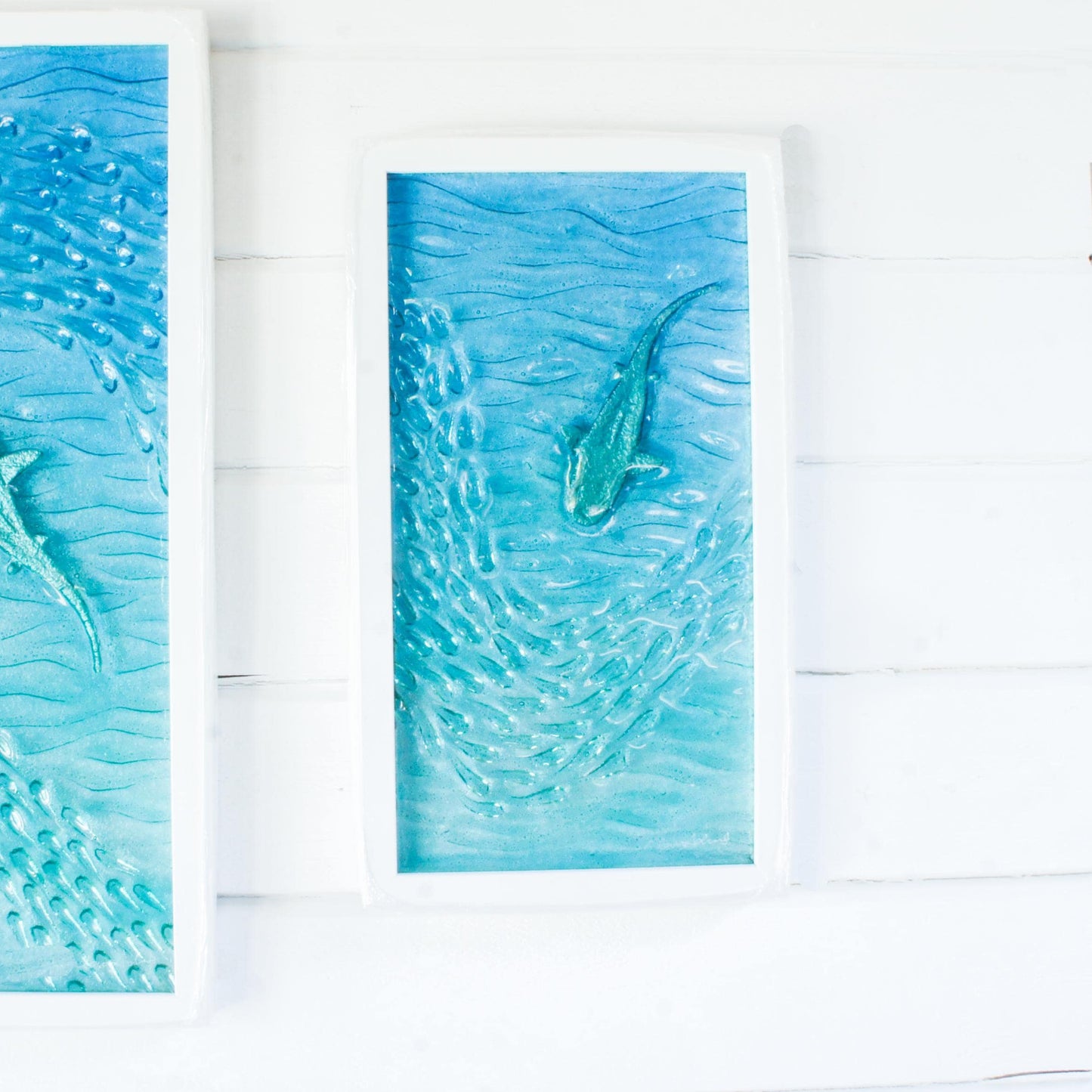 shark fused glass triptych gallery wall frames in teal ocean with shark in silver and shoal of fish - XL textured wall art for coastal home