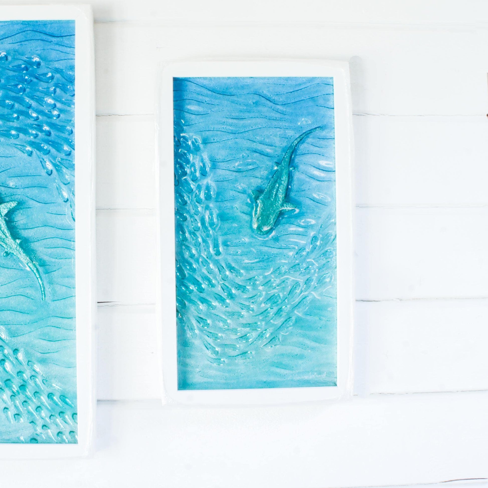 shark fused glass triptych gallery wall frames in teal ocean with shark in silver and shoal of fish - XL textured wall art for coastal home