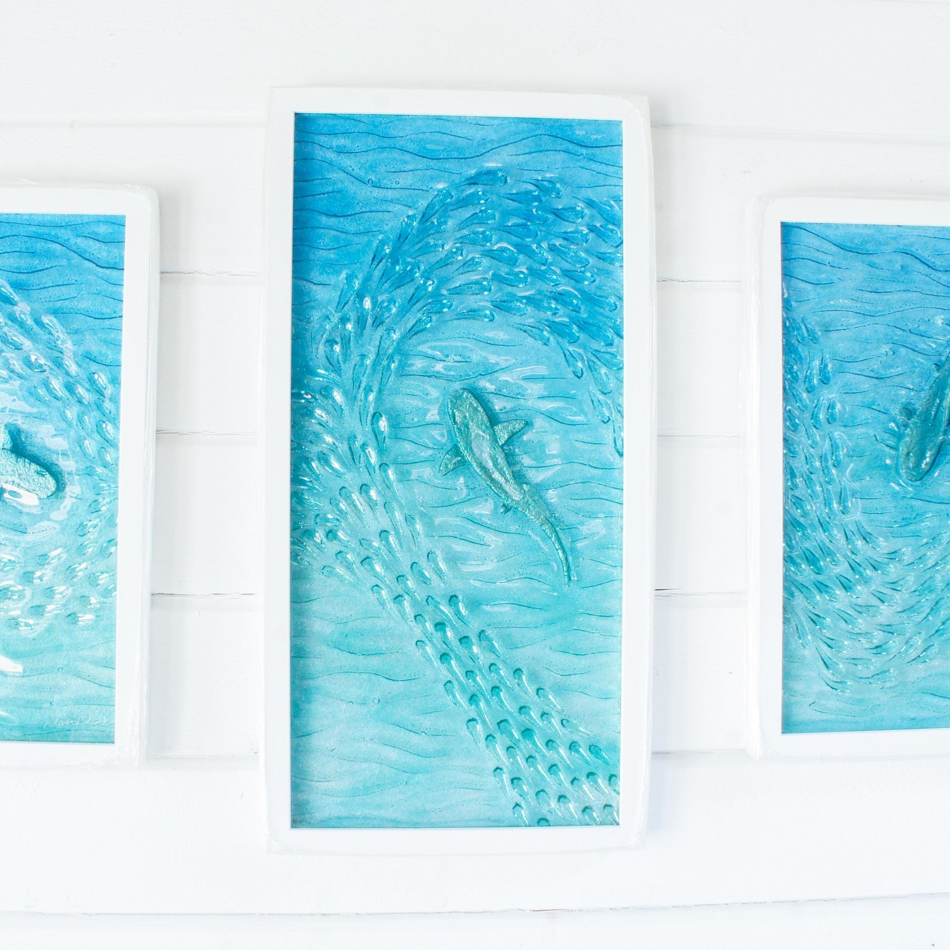 shark fused glass triptych gallery wall frames in teal ocean with shark in silver and shoal of fish - XL textured wall art for coastal home