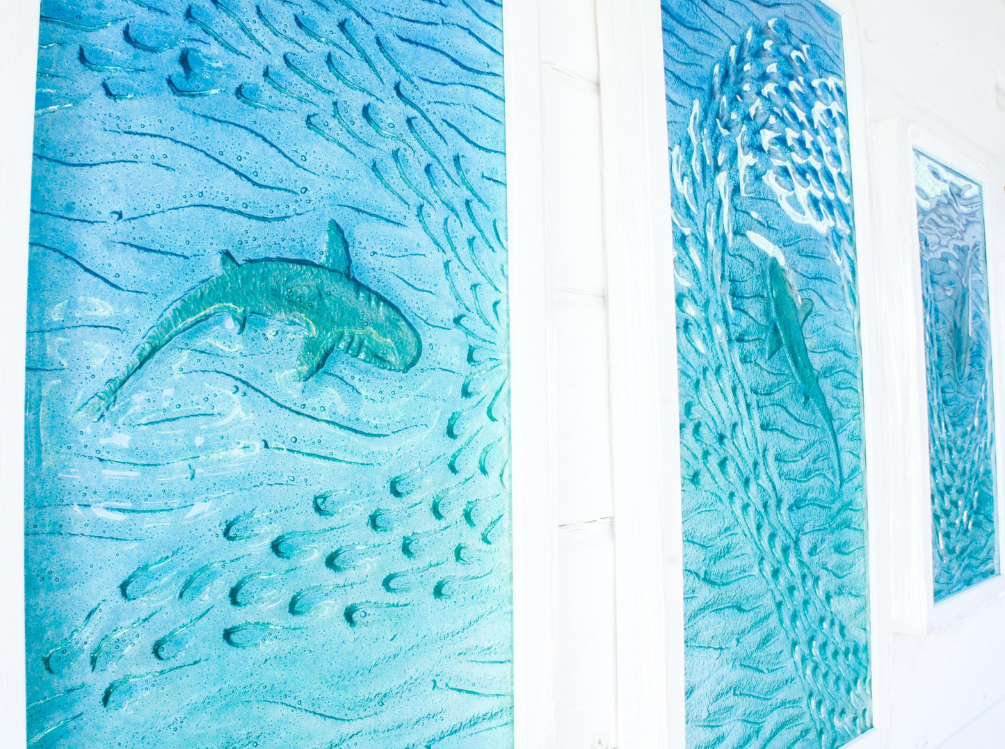 shark fused glass triptych gallery wall frames in teal ocean with shark in silver and shoal of fish - XL textured wall art for coastal home