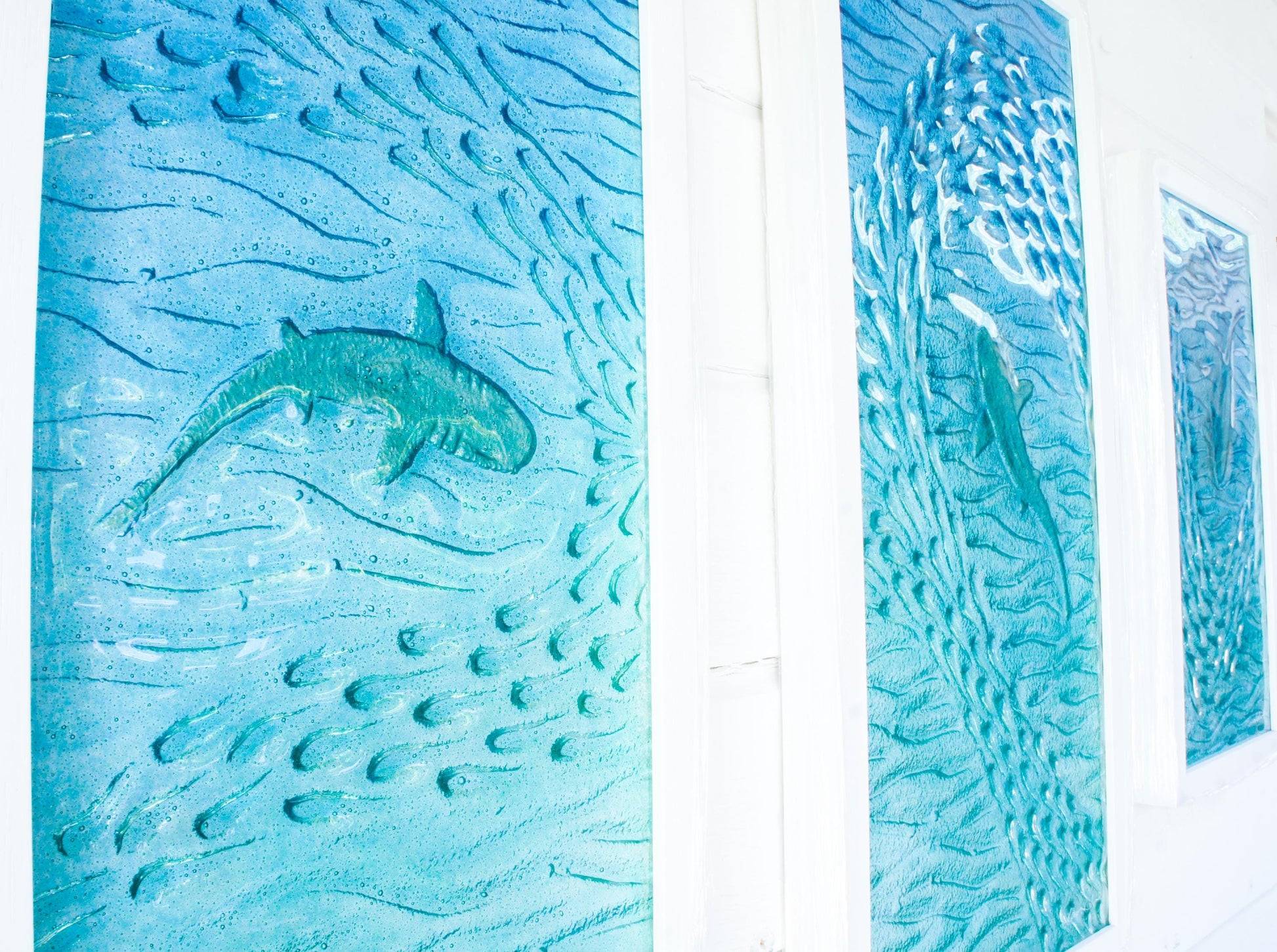 shark fused glass triptych gallery wall frames in teal ocean with shark in silver and shoal of fish - XL textured wall art for coastal home