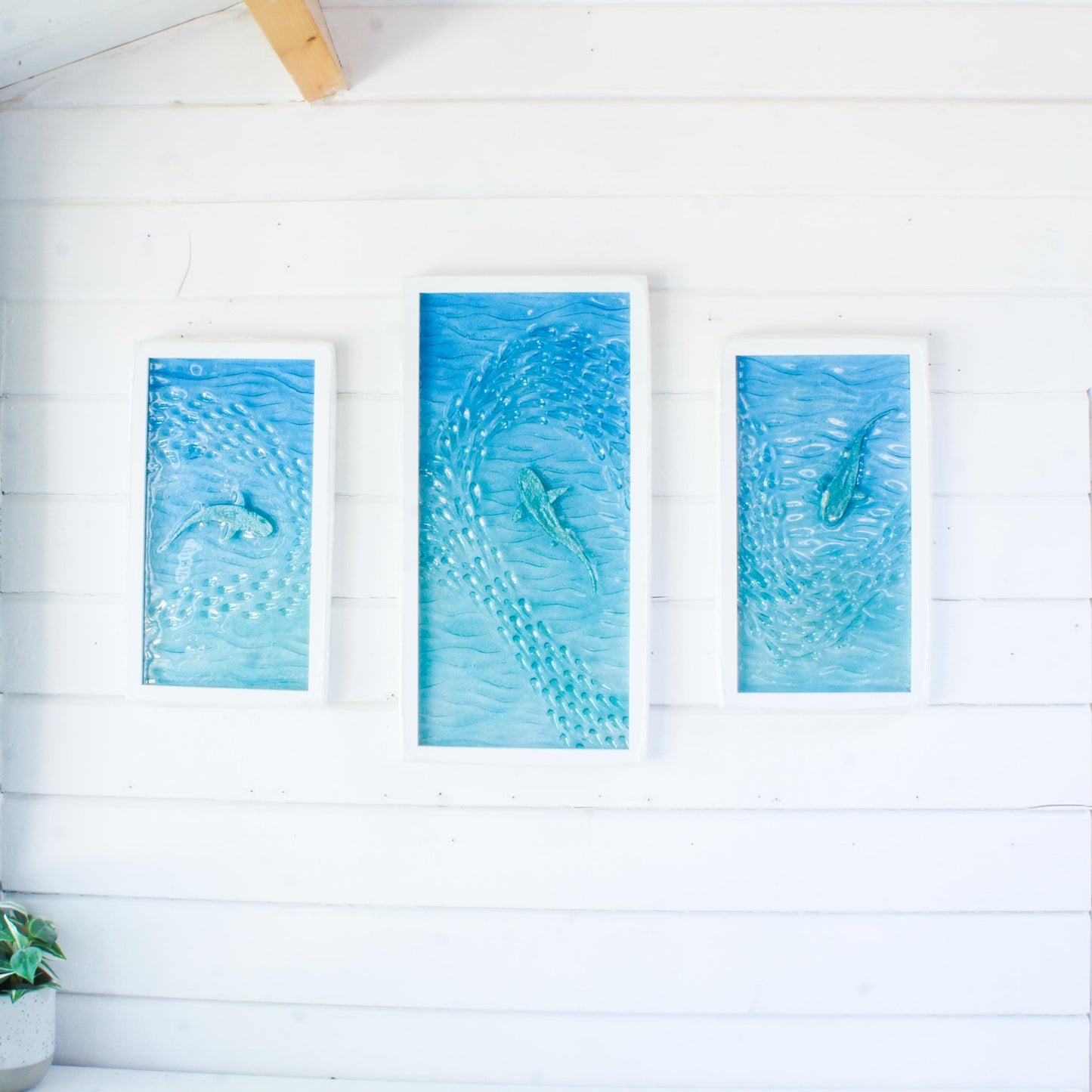 shark fused glass triptych gallery wall frames in teal ocean with shark in silver and shoal of fish - XL textured wall art for coastal home