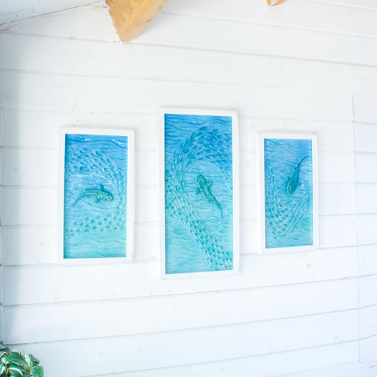 shark fused glass triptych gallery wall frames in teal ocean with shark in silver and shoal of fish - XL textured wall art for coastal home