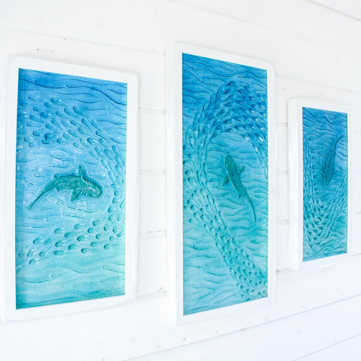shark fused glass triptych gallery wall frames in teal ocean with shark in silver and shoal of fish - XL textured wall art for coastal home