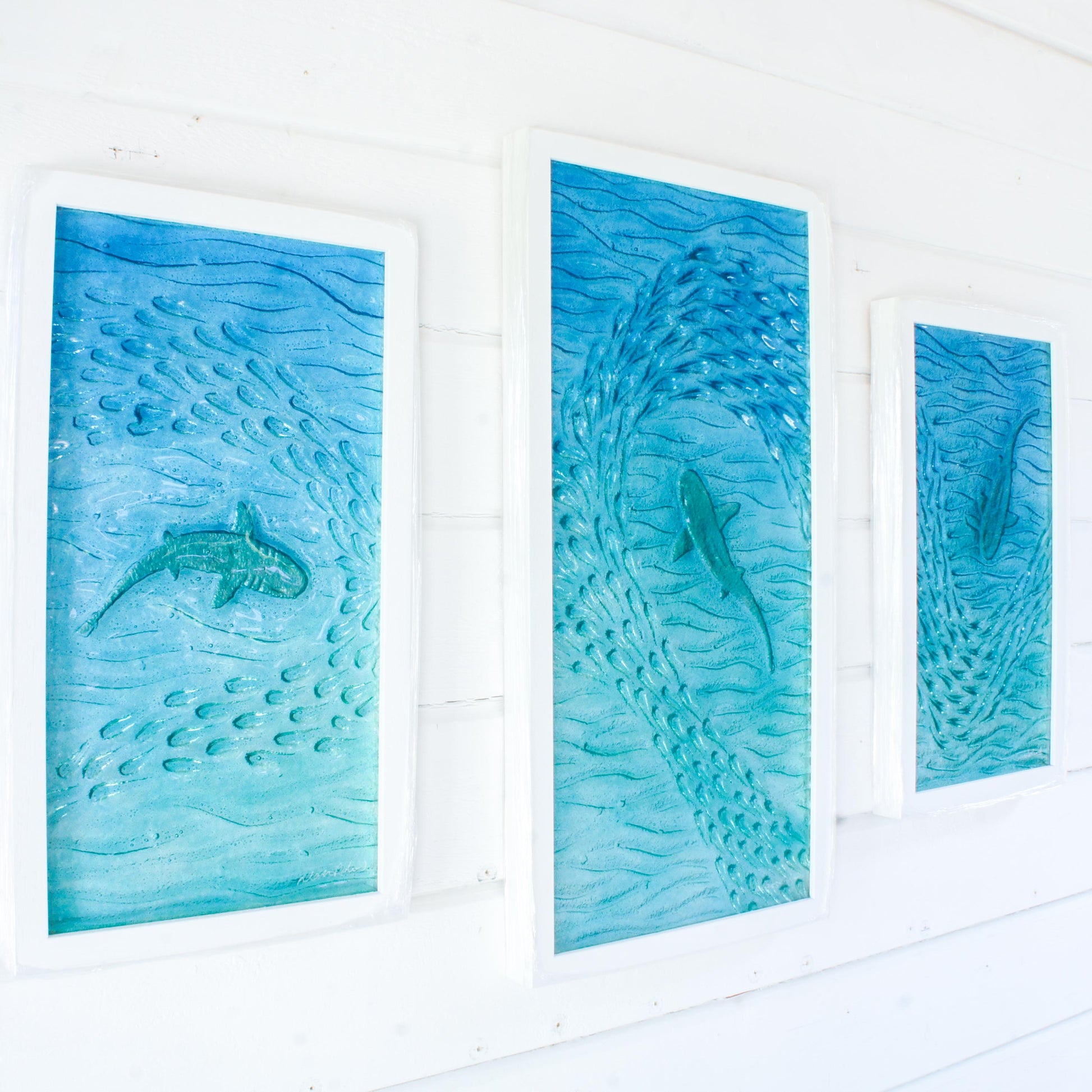 shark fused glass triptych gallery wall frames in teal ocean with shark in silver and shoal of fish - XL textured wall art for coastal home