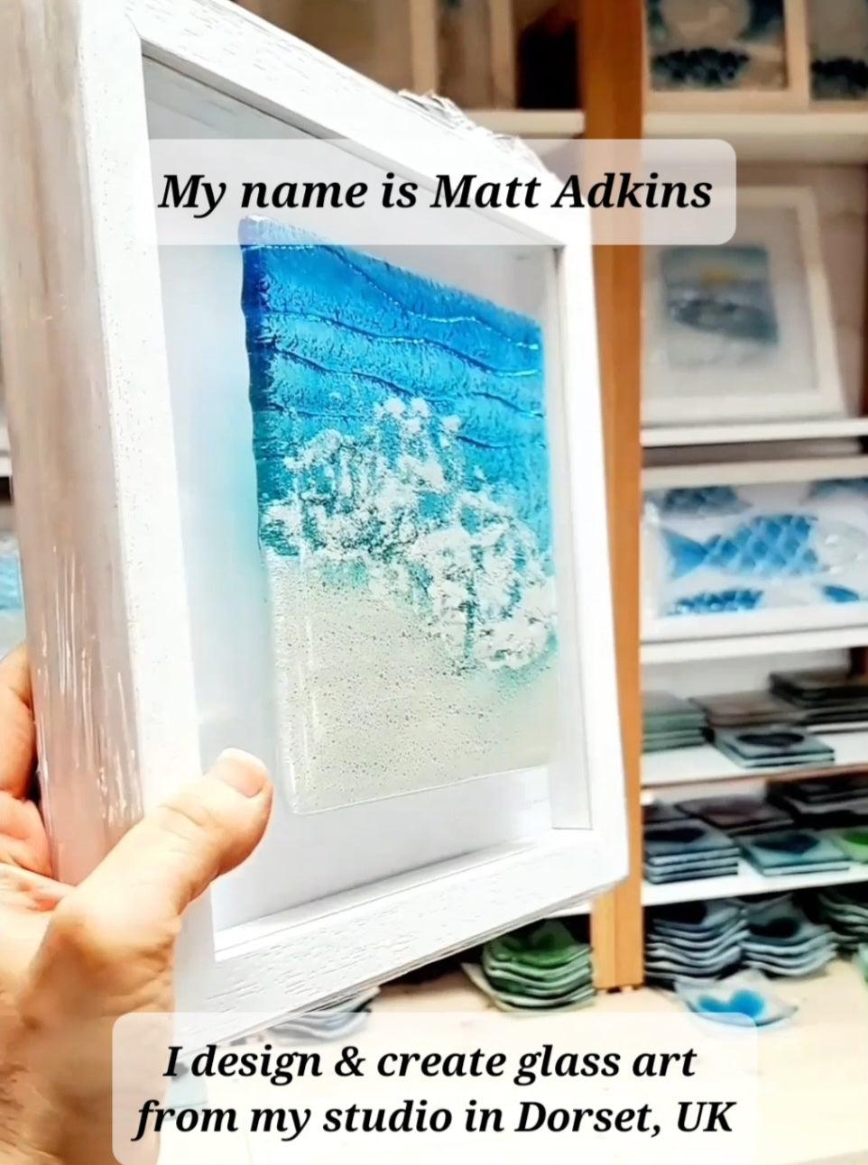 Load video: Matt Adkins glass studio in Dorset, UK, fused glass artist, decorative glass, bespoke glass wall art, glass splashback, ammonite glass art, seaside coastal glass art