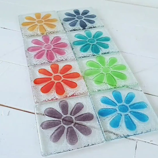 2 Daisy Glass Coasters, Choose the colours, fused glass flower coasters, sea glass daisy coasters, fused glass tableware, matt adkins