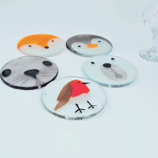Set of 2 Animal Fused Glass Round Coasters 11cm(4 1/3"), robin, penguin, fox, polar bear, seal round coaster, choose the designs