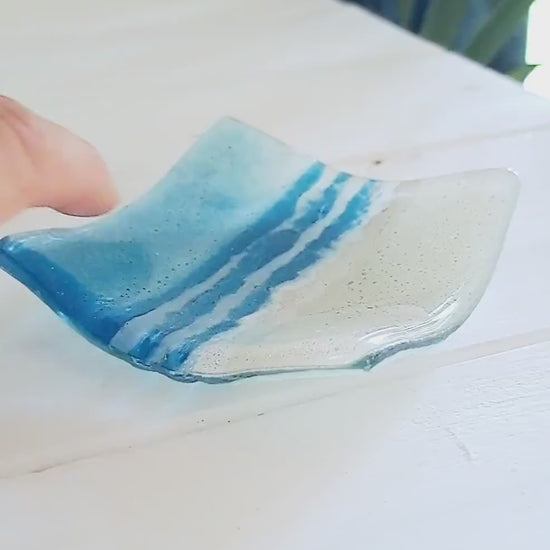 Blue Beach Fused Glass Trinket Dish 10cm, handcrafted ring dish, key bowl, beach room decor, bedside sea bathroom decor, sea glass dish
