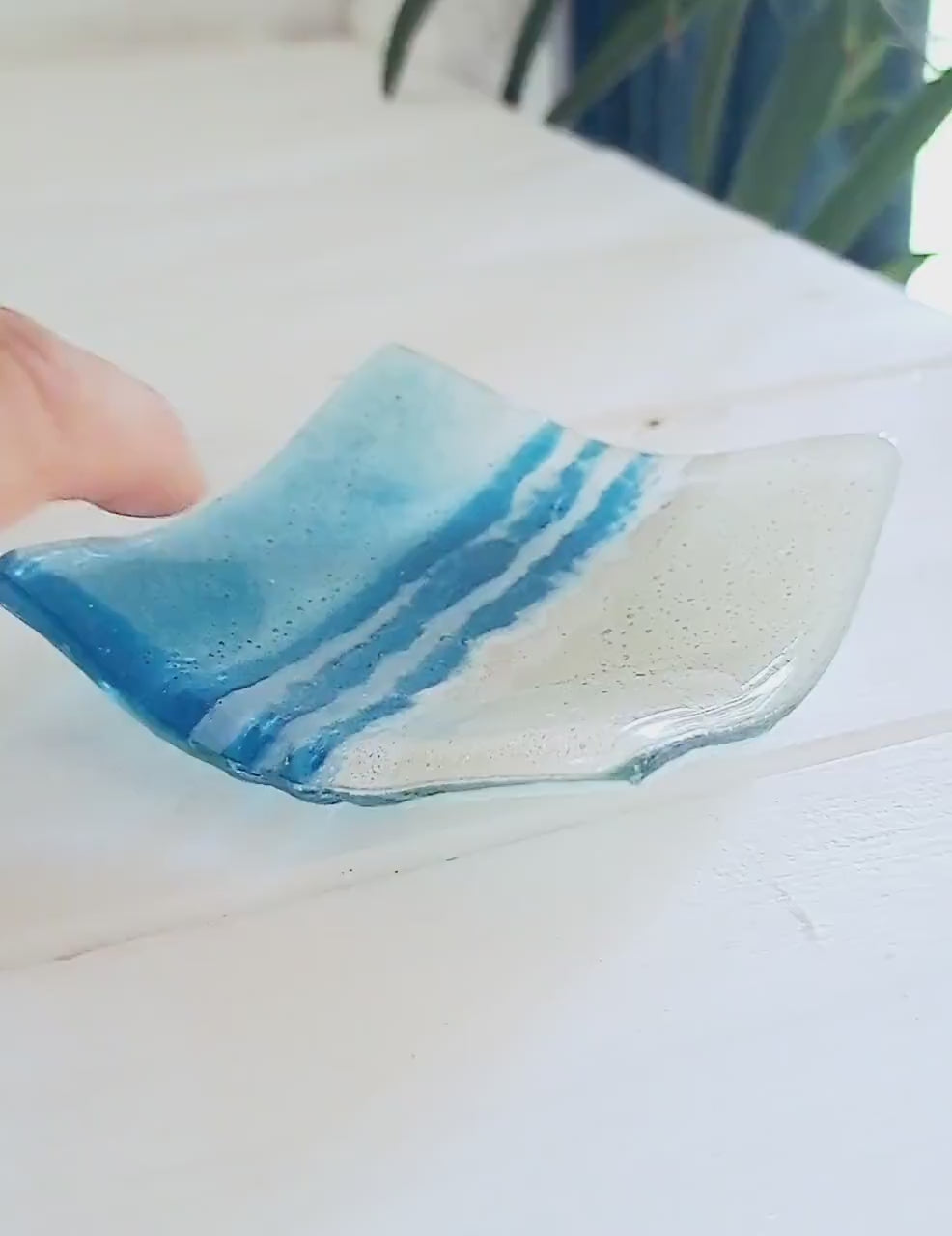 Blue Beach Fused Glass Trinket Dish 10cm, handcrafted ring dish, key bowl, beach room decor, bedside sea bathroom decor, sea glass dish