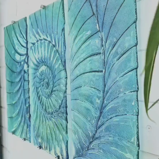 Triptych Ammonite Wall Art OVERALL 100x60cm (40x23") Blue Turquoise & Dark Blue, Each Panel 30x60cm (12x23"), Nautilus Fused Glass Art