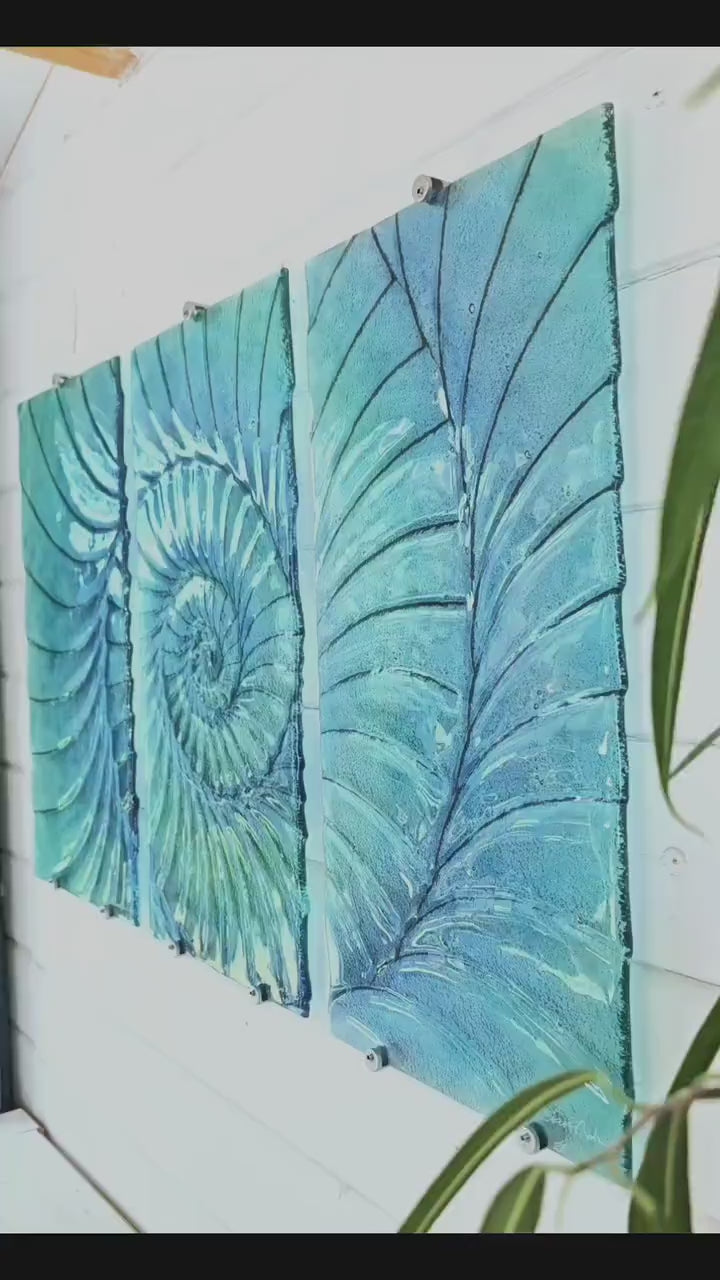 Triptych Ammonite Wall Art OVERALL 100x60cm (40x23") Blue Turquoise & Dark Blue, Each Panel 30x60cm (12x23"), Nautilus Fused Glass Art