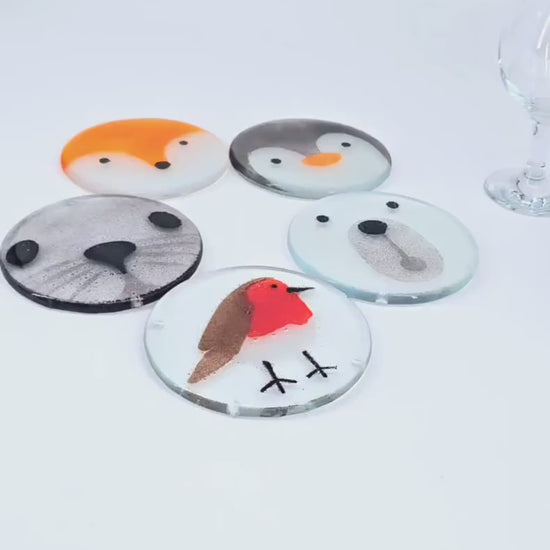 1 Fox Fused Glass Coaster 11cm(4 1/3"), orange fox round coaster, sea glass art, single coaster, animal coaster, handmade glass