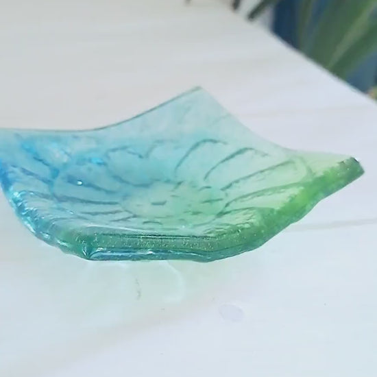 Ammonite Fused Glass Ring Dish 10cm, trinket dish, fossil glass dish, Teal Green tea light holder, Nautilus jewellery dish, bathroom decor