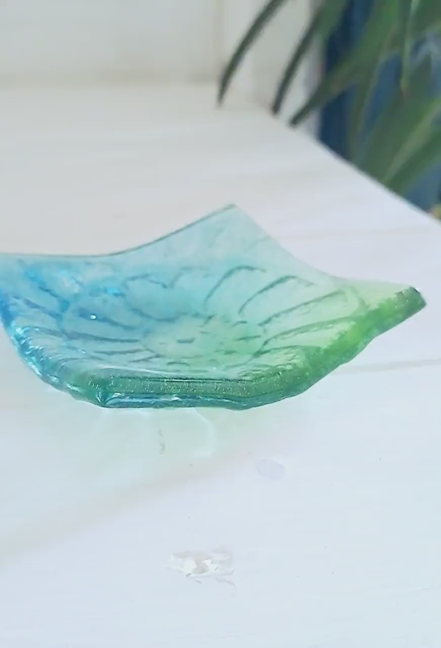 Ammonite Fused Glass Ring Dish 10cm, trinket dish, fossil glass dish, Teal Green tea light holder, Nautilus jewellery dish, bathroom decor