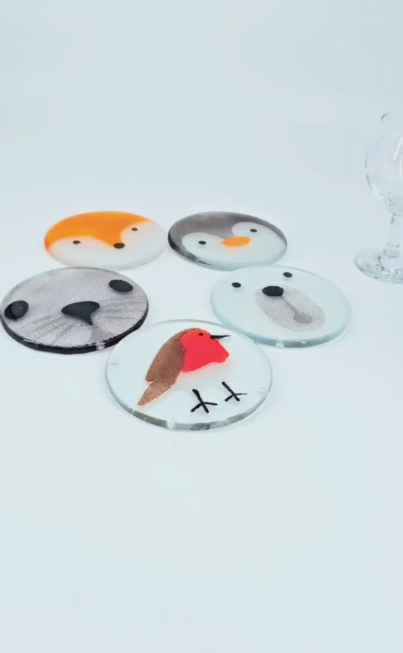 4 Animal Glass Round Coasters, robin, penguin, fox, polar bear, seal round coaster, choose the designs, set of 4