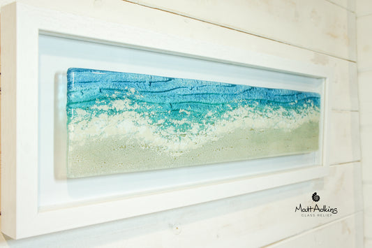 large panoramic wall art, large glass sea wall art, panoramic beach wall art, fused glass panoramic frame wall art