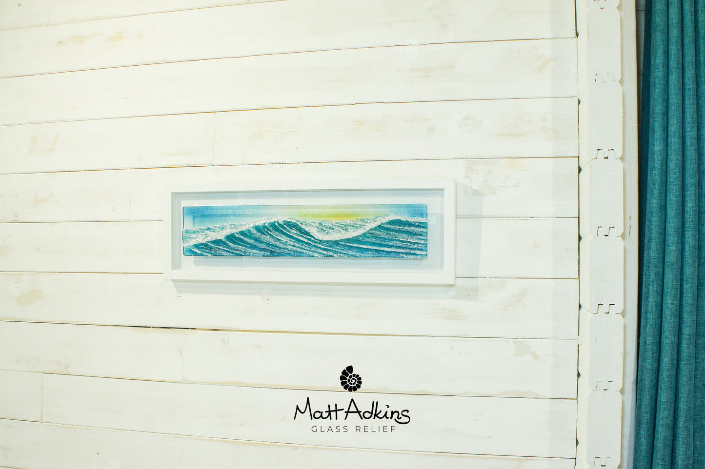 panoramic glass wall art wave teal blue sunrise