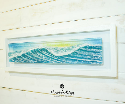 panoramic glass wall art wave teal blue sunrise
