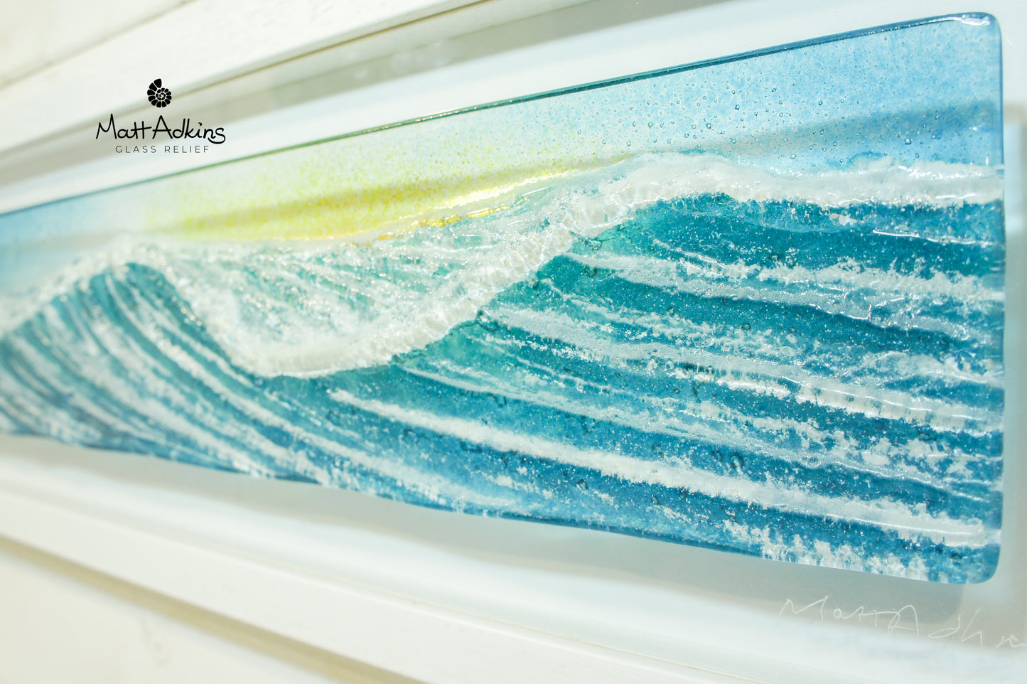 panoramic glass wall art wave teal blue sunrise