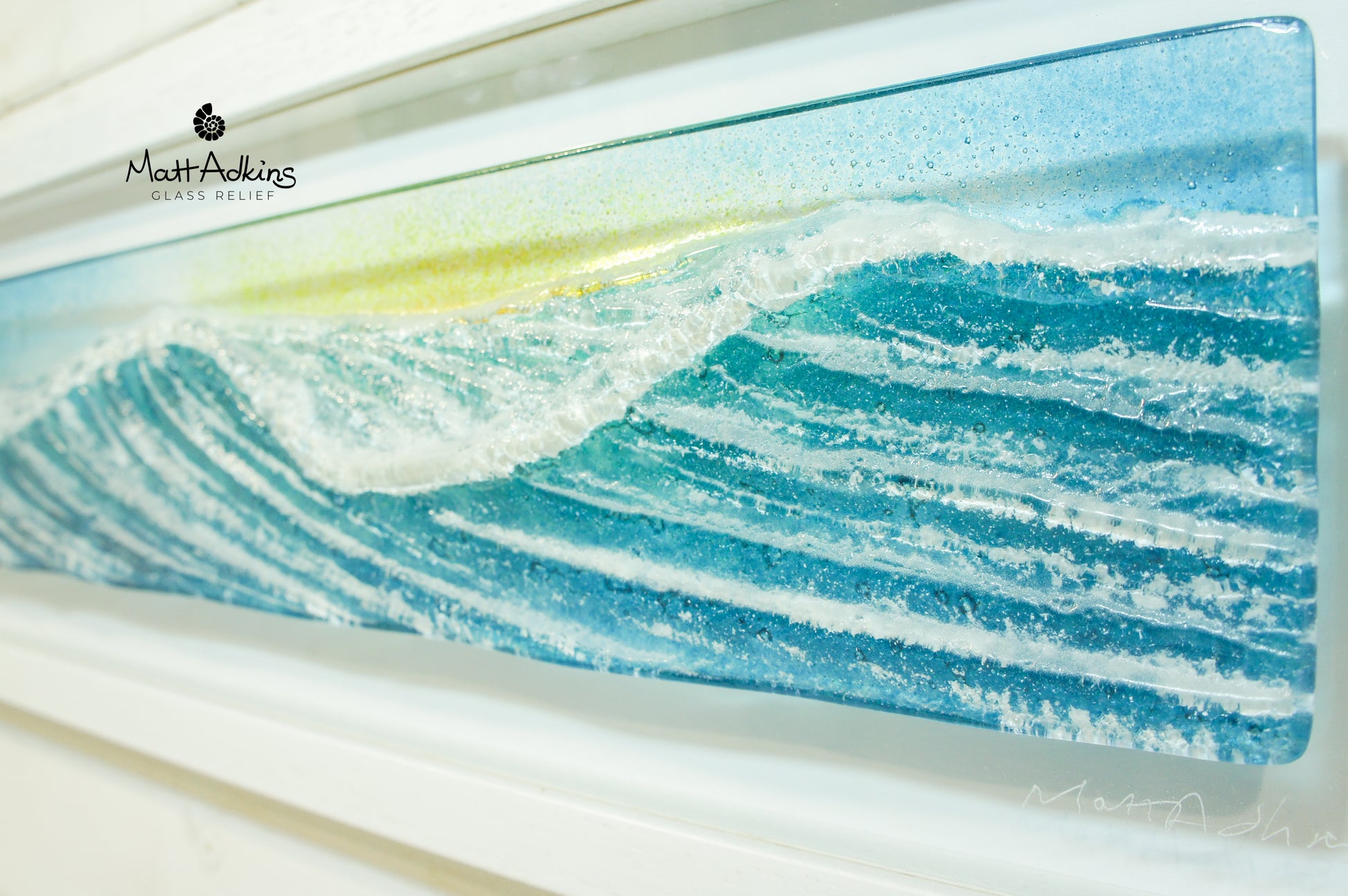 panoramic glass wall art wave teal blue sunrise
