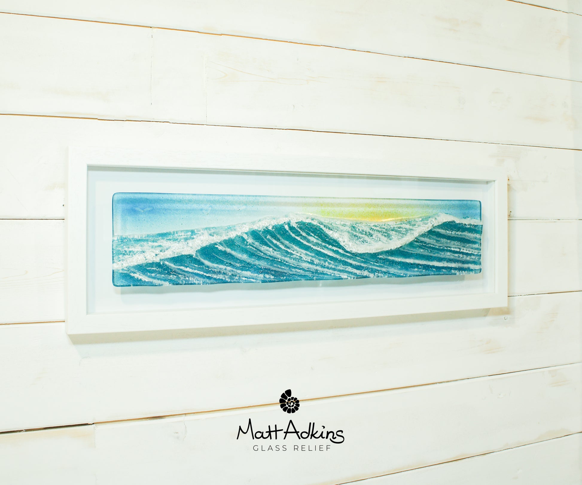 panoramic glass wall art wave teal blue sunrise