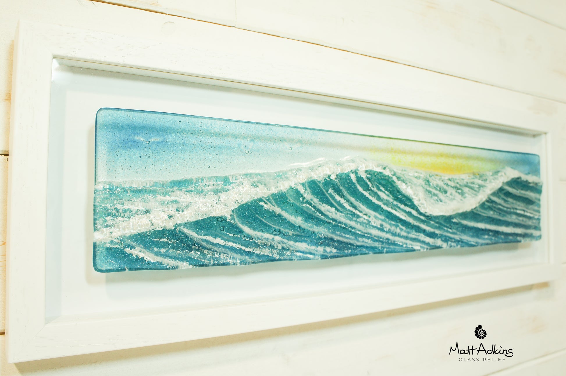 panoramic glass wall art wave teal blue sunrise