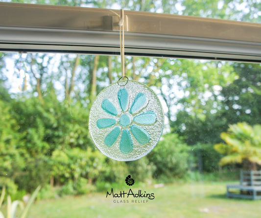teal daisy fused glass suncatcher