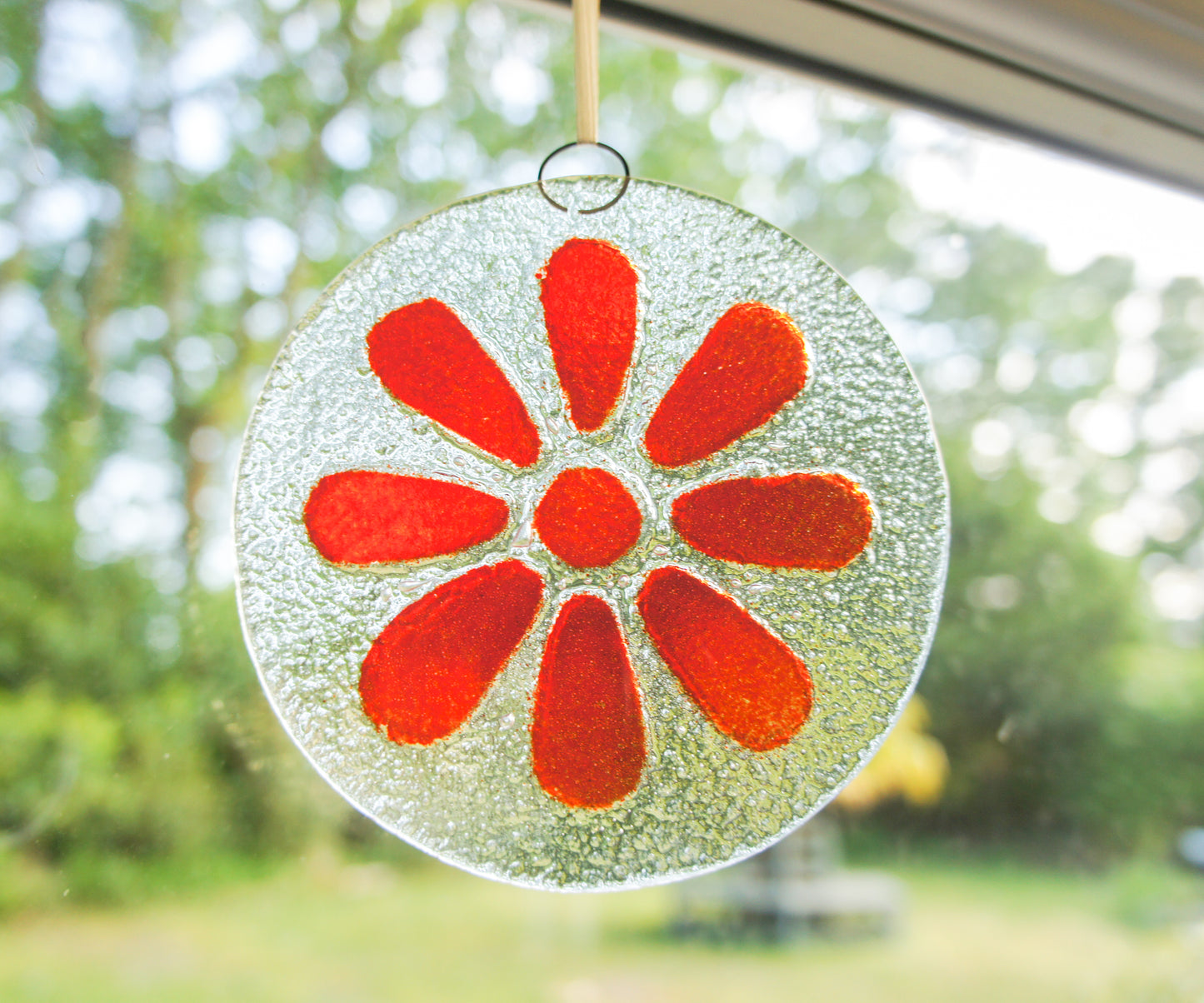 red scarlet hanging fused glass window decoration