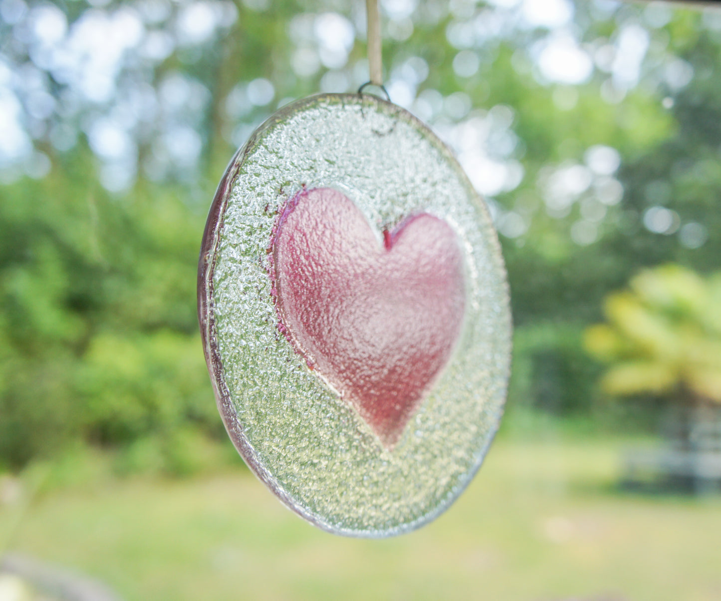Cherry Pink Heart Fused Glass Hanging Suncatcher