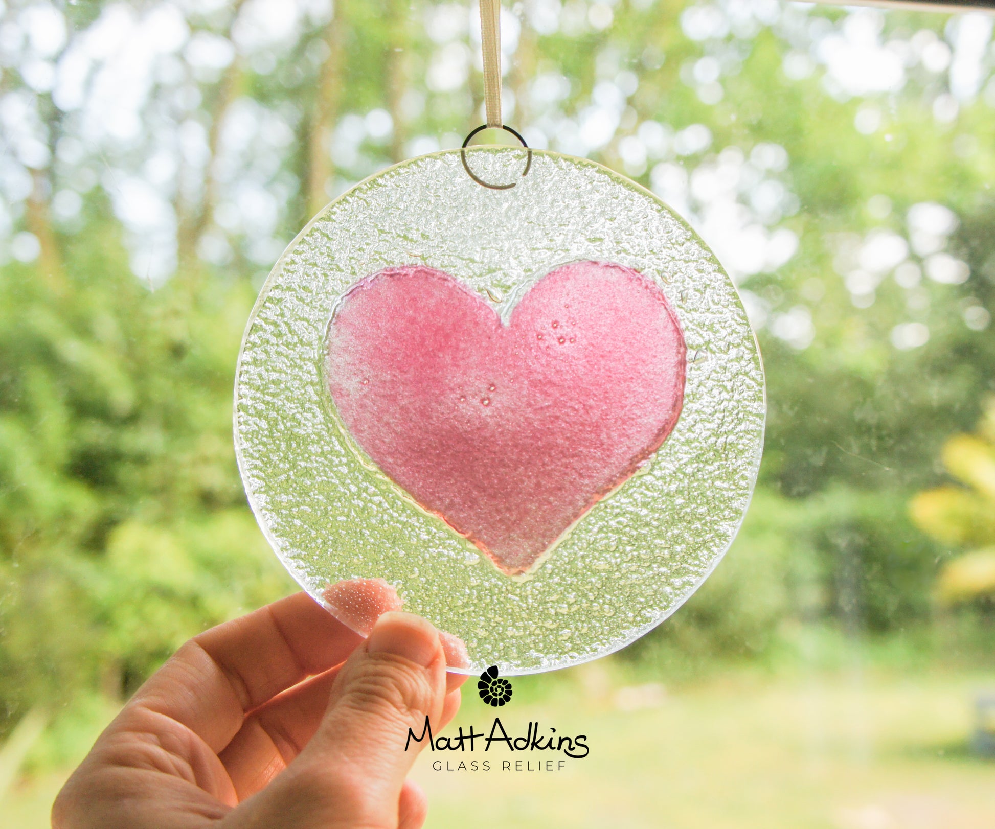 Cherry Pink Heart Fused Glass Hanging Suncatcher