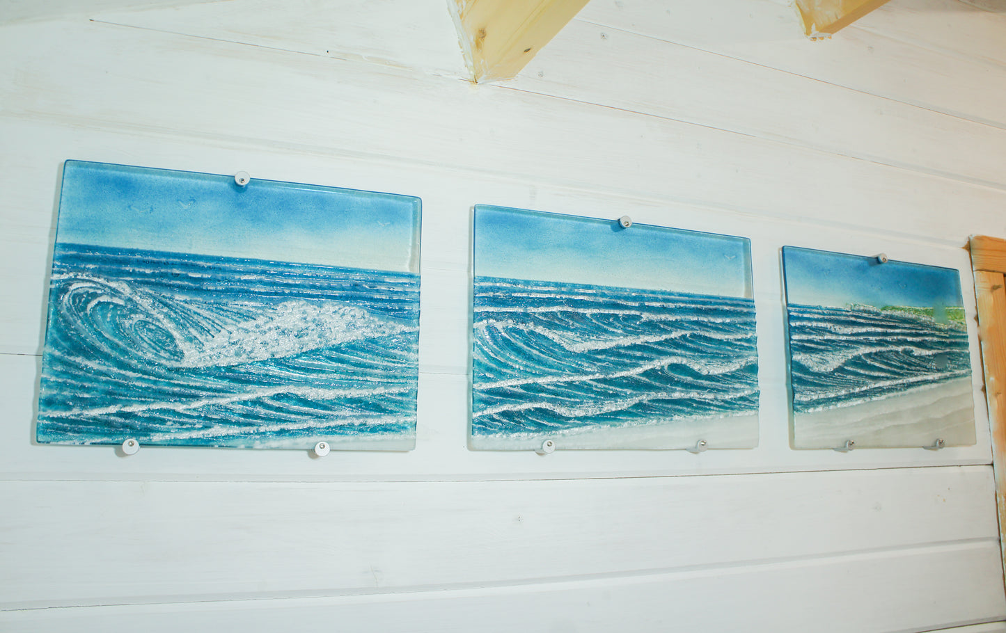 Small Triptych Coastal Wave Wall Panels - Left&Right 40x30cm (16x12")/Middle 43x30cm (17x12") with 9 fixings