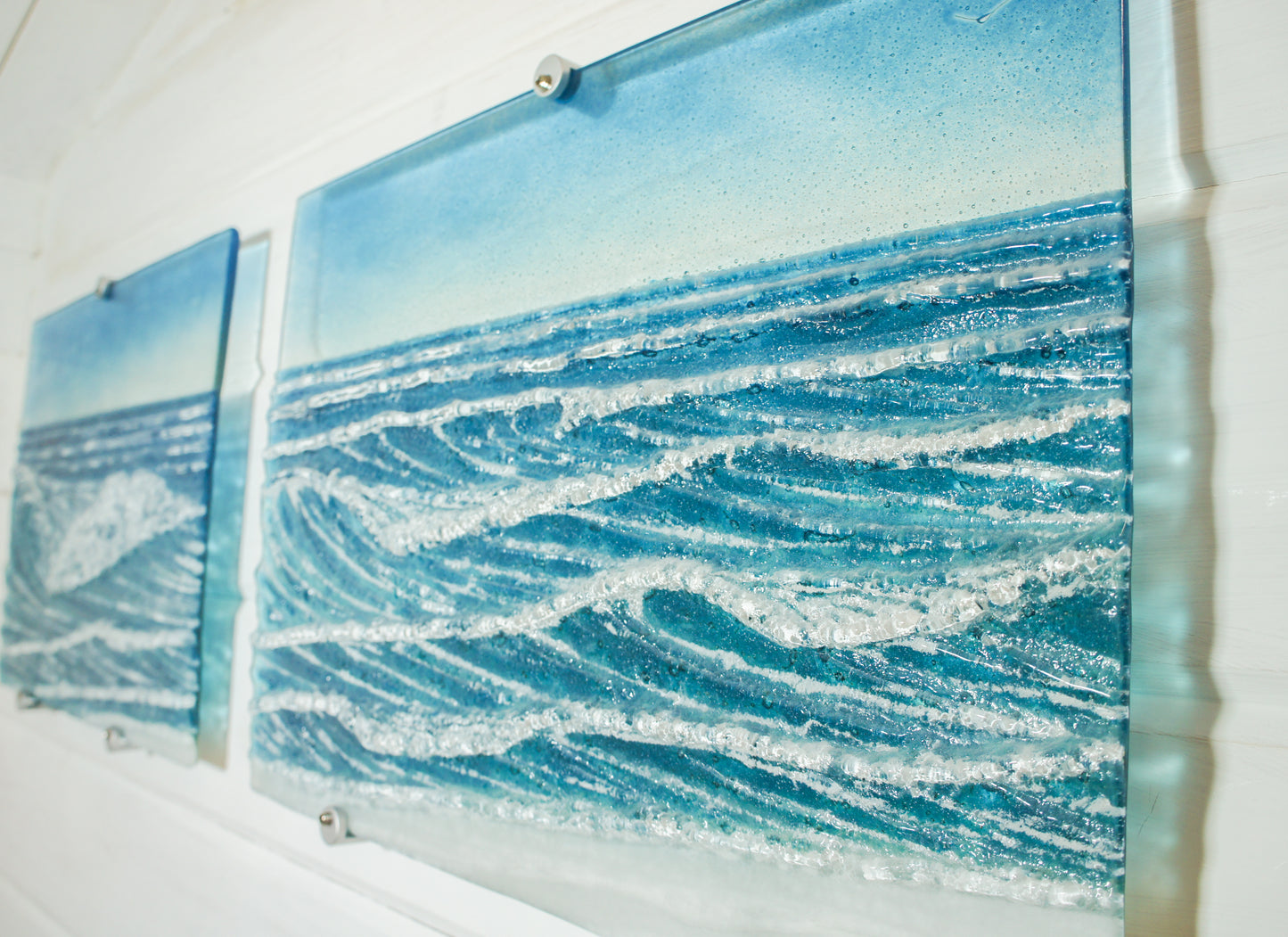 Small Triptych Coastal Wave Wall Panels - Left&Right 40x30cm (16x12")/Middle 43x30cm (17x12") with 9 fixings