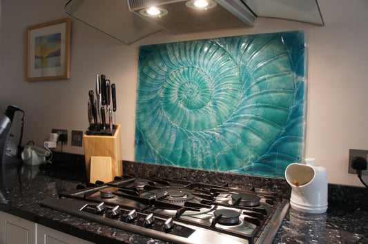 Ammonite Splashback Turquoise Blue - Commission 20" high * 24" wide (61x51cm)