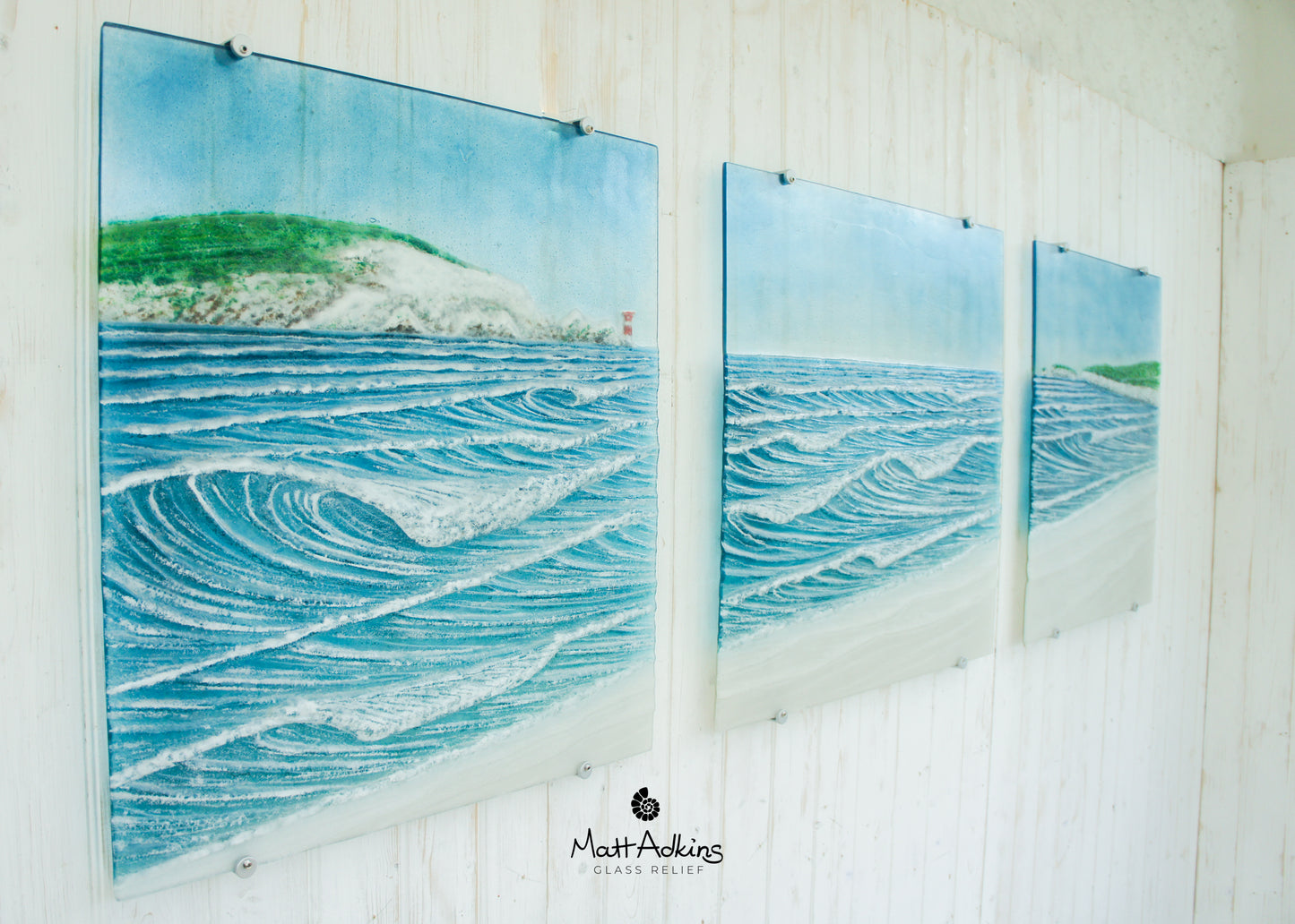 Isle of Wight/Old Harry's Rock Triptych Wave Wall Panels - Left&Right 55x60cm (22x24")/Middle 60x60cm (24x24") with 10 fixings