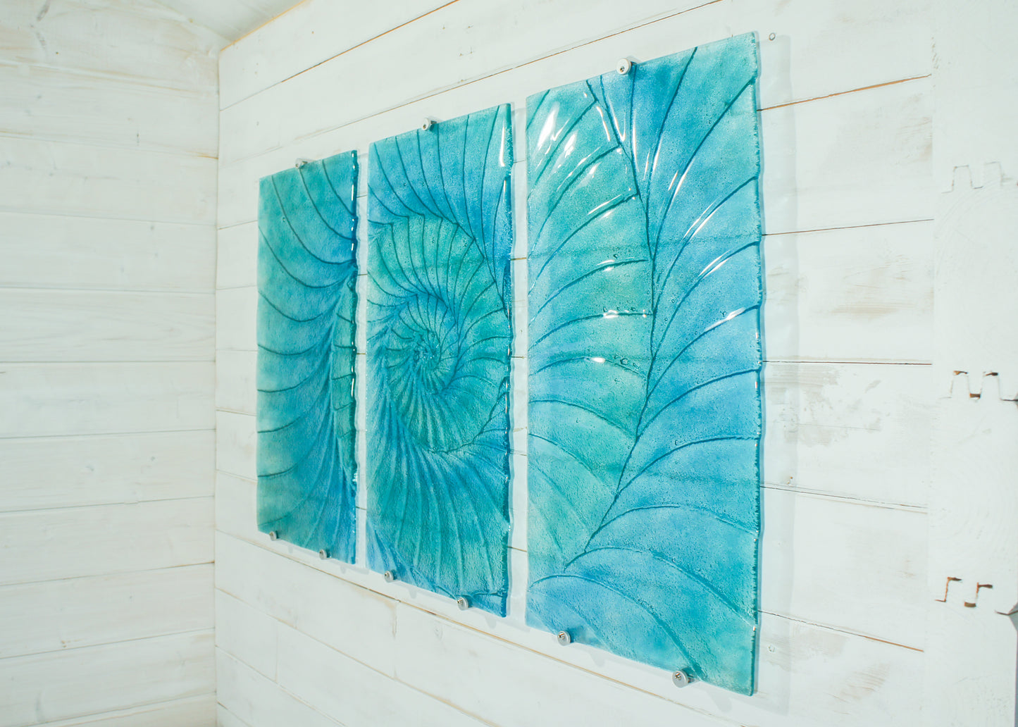 Triptych Ammonite Panels OVERALL 100x60cm (40x23") incl. gaps and 9 fixings - Blue/Turquoise - Each Panel 30x60cm (12x23") Large Portrait Fossil Fused Glass Wall Art