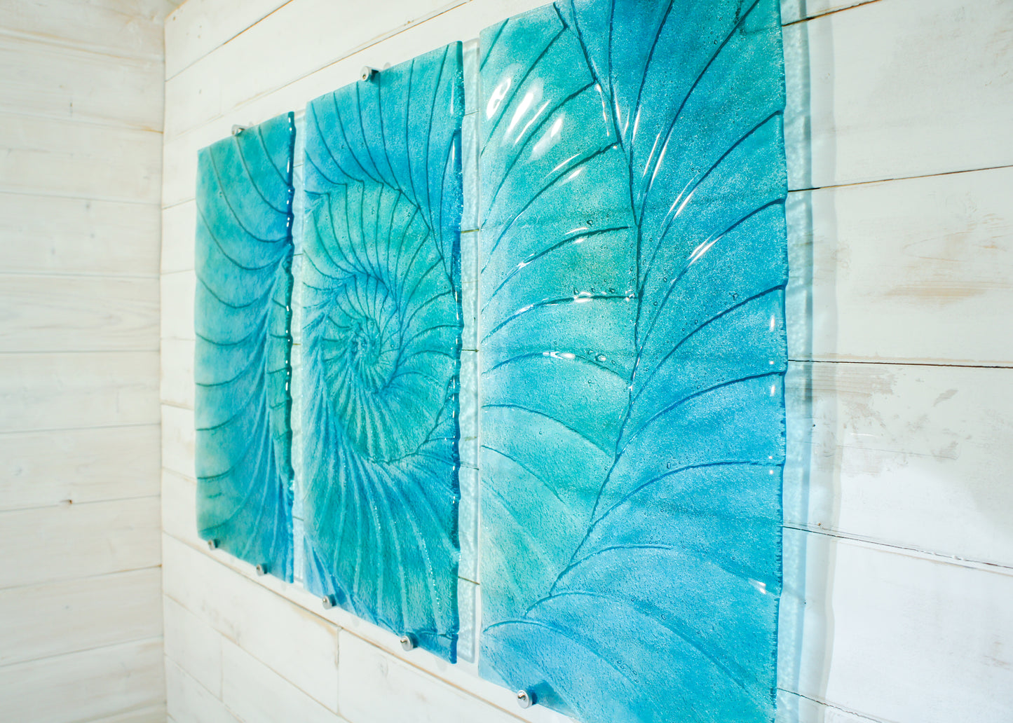 Triptych Ammonite Panels OVERALL 100x60cm (40x23") incl. gaps and 9 fixings - Blue/Turquoise - Each Panel 30x60cm (12x23") Large Portrait Fossil Fused Glass Wall Art
