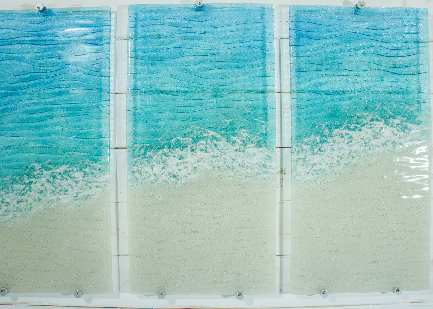 Triptych Paradise Panels - OVERALL 100x60cm (40x23") incl. gaps and 9 fixings - Each Panel 30x60cm (12x23") Large Portrait Paradise Fused Glass Wall Art