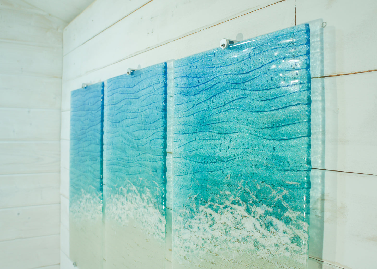 Triptych Paradise Panels - OVERALL 100x60cm (40x23") incl. gaps and 9 fixings - Each Panel 30x60cm (12x23") Large Portrait Paradise Fused Glass Wall Art