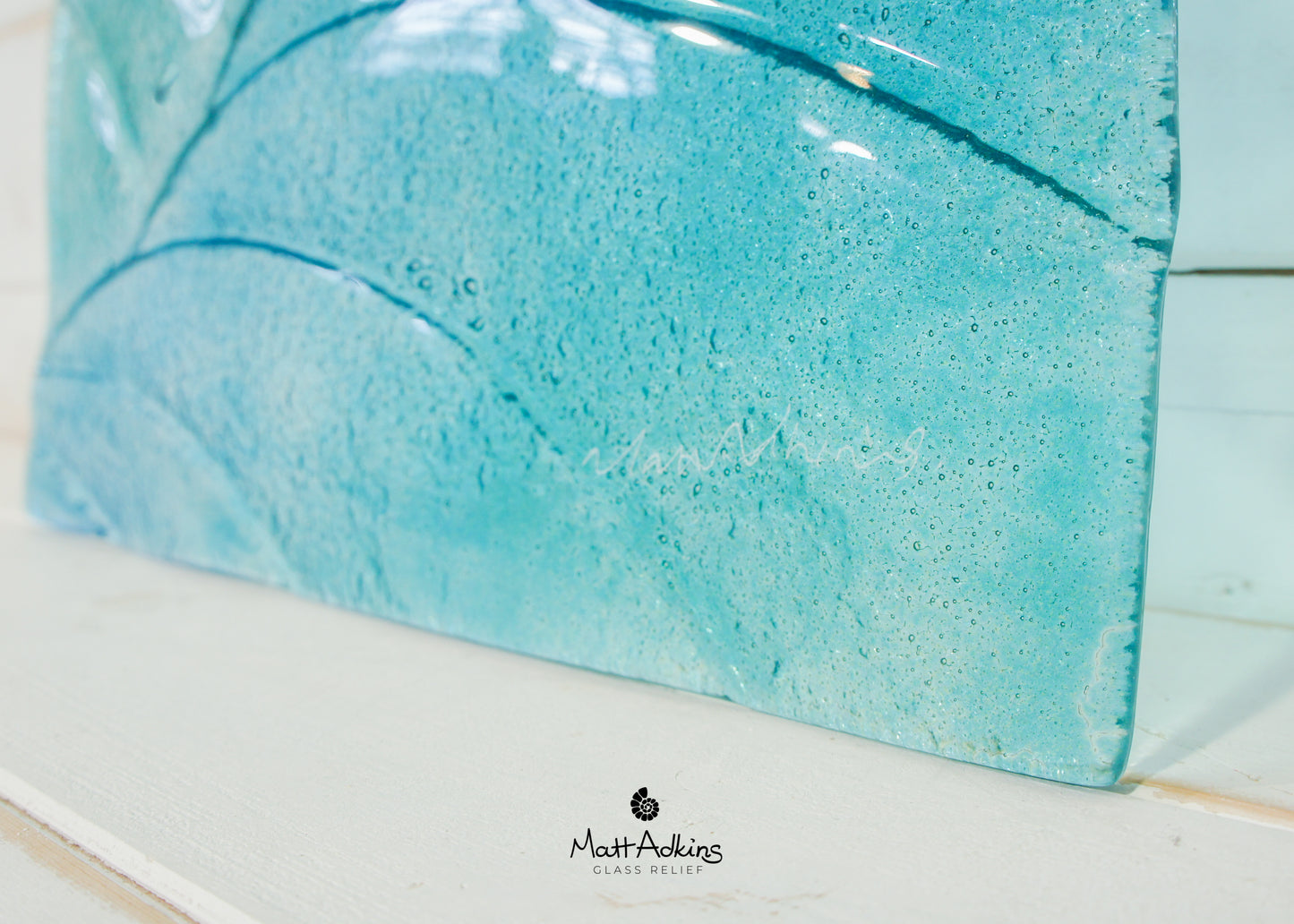 Triptych Ammonite Panels OVERALL 100x60cm (40x23") incl. gaps and 9 fixings - Blue/Turquoise - Each Panel 30x60cm (12x23") Large Portrait Fossil Fused Glass Wall Art