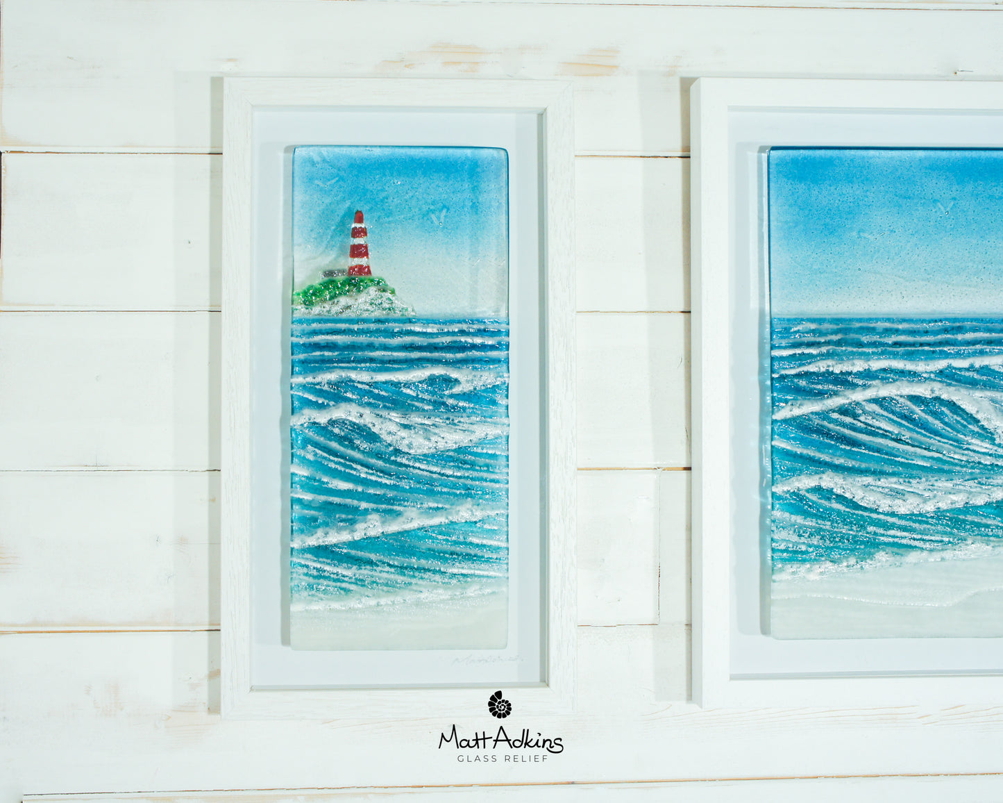 Triptych of Lighthouse Wave Frames - 2 at 25cmx45cm(10x17") + 1 at 45x45cm(17x17") | 3 Wave Large Sea Beach Lighthouse Fused Glass Frames