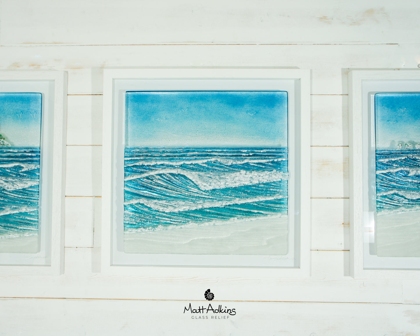 Triptych of Lighthouse Wave Frames - 2 at 25cmx45cm(10x17") + 1 at 45x45cm(17x17") | 3 Wave Large Sea Beach Lighthouse Fused Glass Frames
