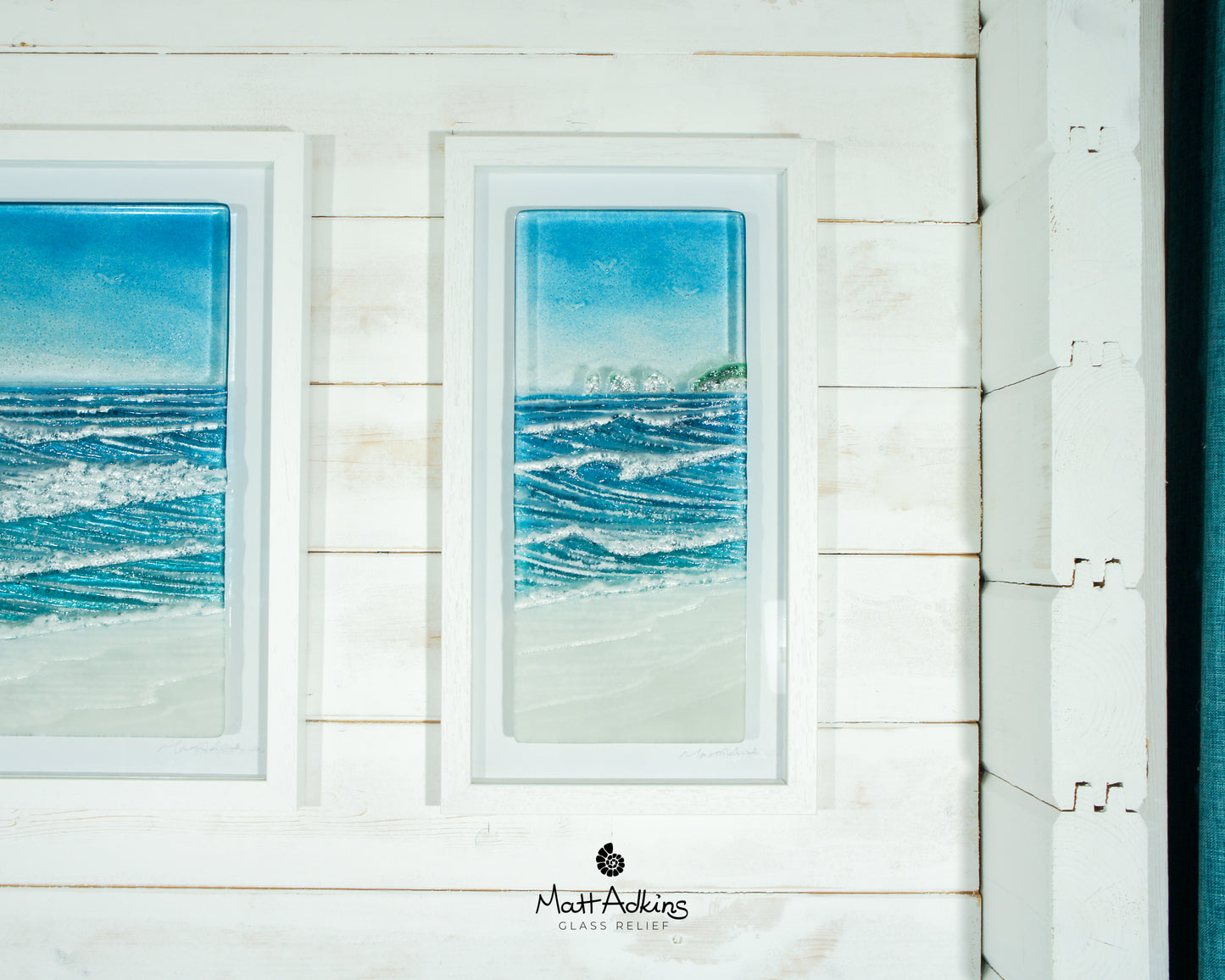 Triptych of Lighthouse Wave Frames - 2 at 25cmx45cm(10x17") + 1 at 45x45cm(17x17") | 3 Wave Large Sea Beach Lighthouse Fused Glass Frames